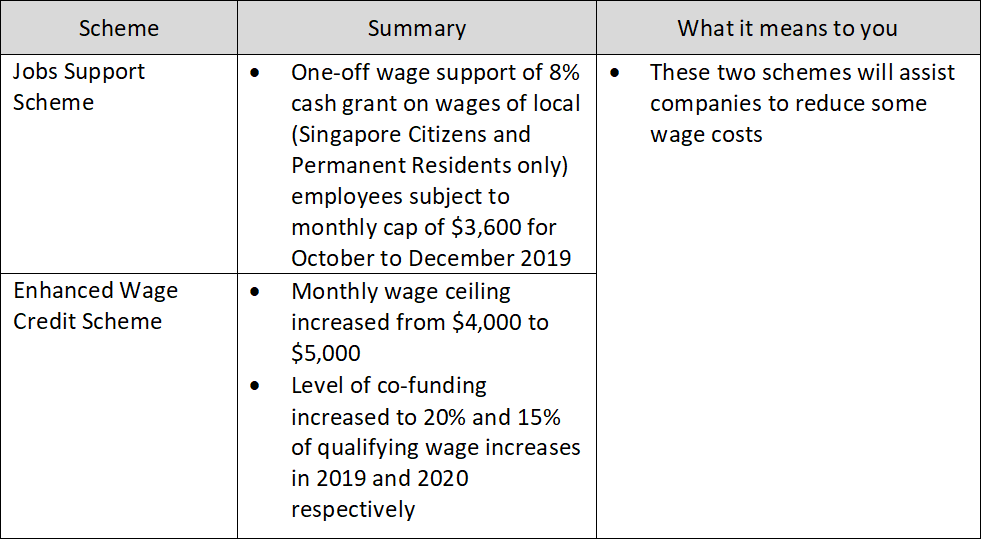 Table showing the scheme available for wage support in Budget 2020