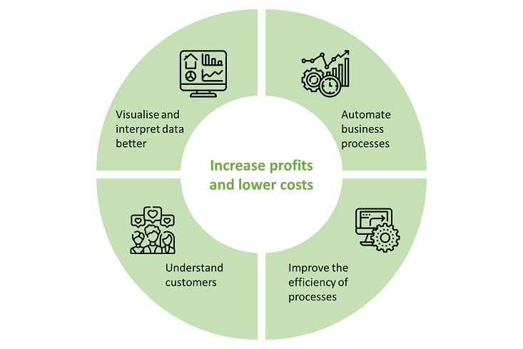 You can increase profits and lower cost through: automate business processes, improve the efficiency of processes, understand customers and visualise and interpret data better