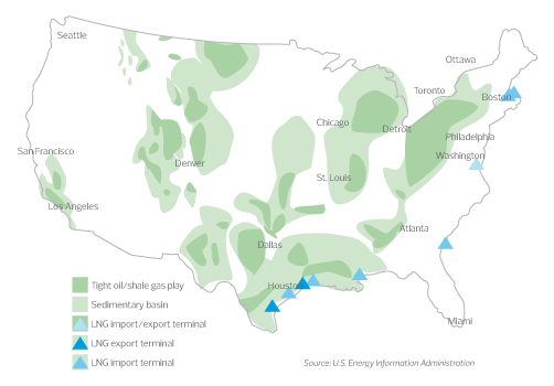 Map showing the export and import capacity of LNG around the United States 